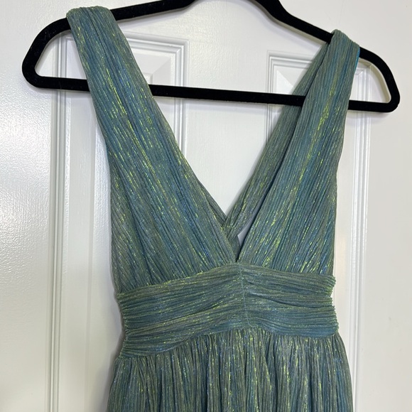 Elegant Blue and Green shimmer A-line Mini Dress with Plunge Neckline - Picture 3 of 11